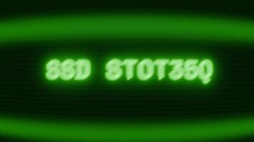 Old green CRT screen showing text SSD STORAGE appearing in random glitch and coding style video