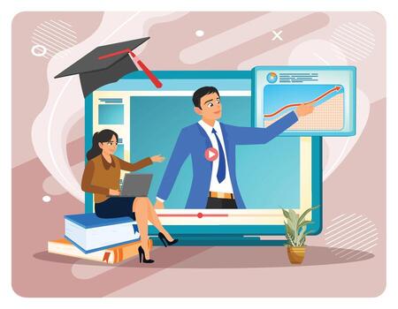 Online education illustration with students and teachers vector