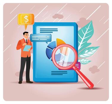 Businessman analyzing data with magnifying glass vector