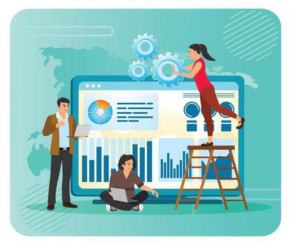 Team working on data analytics project vector