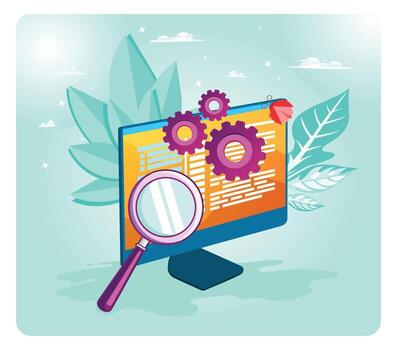 automatización pruebas. digital investigación herramientas en computadora monitor con aumentador y engranajes vector