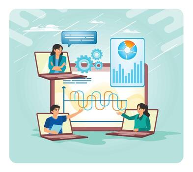 Virtual meeting with data analysis vector