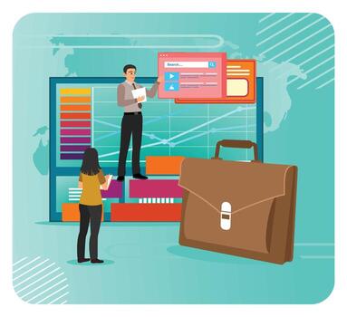 corporativo sitio web. negocio presentación en un global analítica habitación con grande gráfico panel. vector