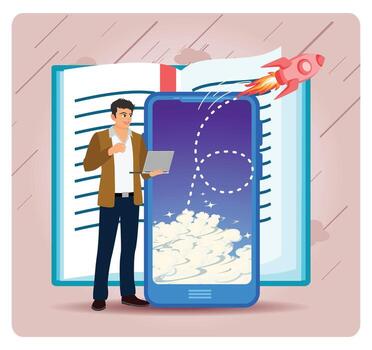 Man with laptop next to a smartphone vector