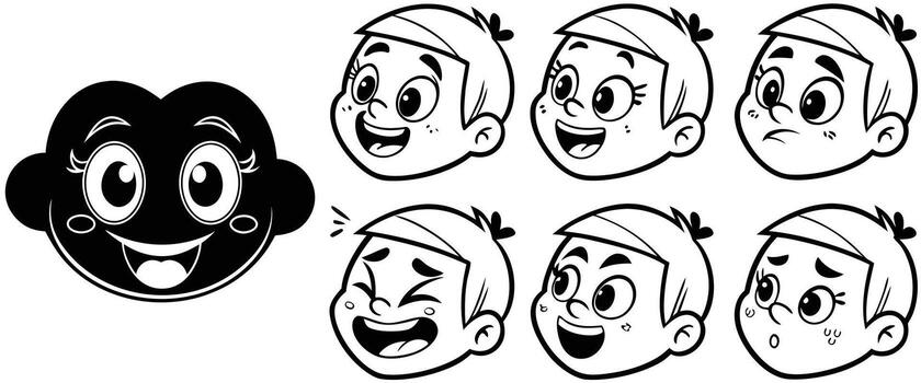 Cartoon faces showing various emotions and a black cloud character expression happy vector