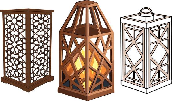 Three decorative lanterns with geometric patterns and warm glow lamp light vector