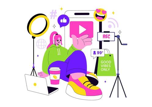 Content creator with laptop and camera vector