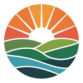 Abstract emblem with a half circle of ocean waves and a half circle representing a sunset vector