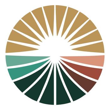 Desert landscape illustration within a circular frame, featuring rolling sand dunes and a setting sun vector