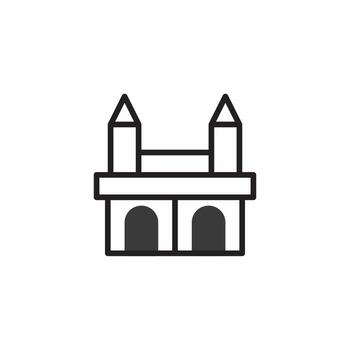 Stylized architectural structure featuring bold outlines and geometric components against a stark vector