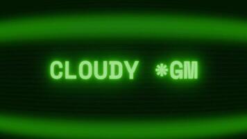 Old green CRT screen showing text CLOUDY SKY appearing in random glitch and coding style video