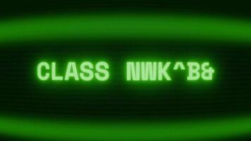 Old green CRT screen showing text CLASS NOTICE appearing in random glitch and coding style video