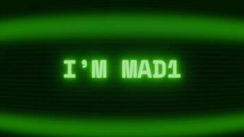 Old green CRT screen showing text I M MAD appearing in random glitch and coding style video