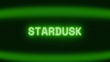 Old green CRT screen showing text STARDUST appearing in random glitch and coding style video