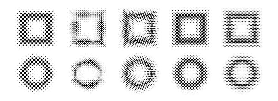 Halftone pixelated frame set. Dotted textured round and square borders. Cartoon faded boarder collection. Pixel bitmap element pack for poster, collage, banner. Comic bundle gradient shapes vector