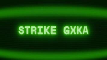 Old green CRT screen showing text STRIKE TEAM appearing in random glitch and coding style video