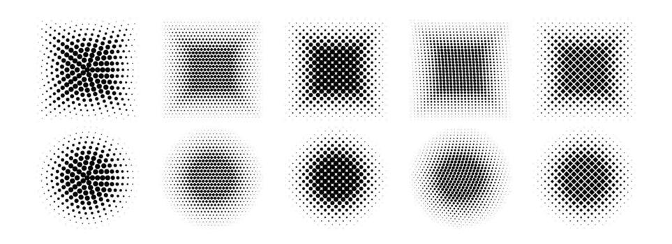 Gradient halftone shape set. Dotted textured round and square patterns. Cartoon faded background collection. Pixel bitmap element pack for frame, poster, collage, banner. Comic border bundle vector
