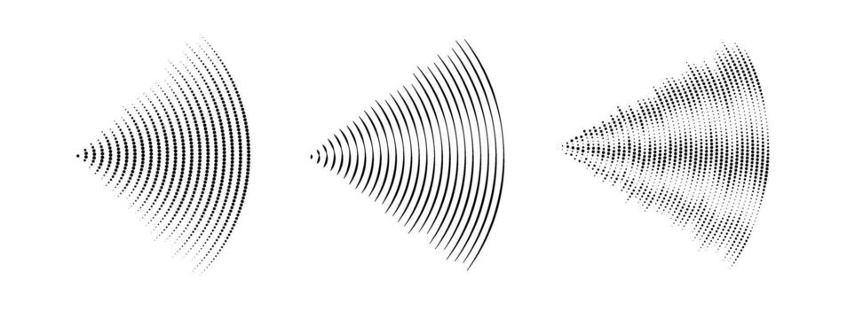 Dotted and linear sound wave signal set. Radial radio and music audio icon collection. Rippled radar vibration element sign bundle. Curved impulse lines pack. Echo soundwave symbols. vector