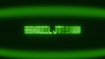 Old green CRT screen showing text REHABILITATION appearing in random glitch and coding style video