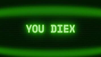 gammal grön crt skärm som visar text du dog visas i slumpmässig tekniskt fel och kodning stil video