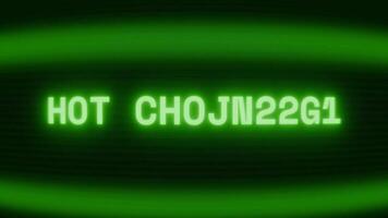 Old green CRT screen showing text HOT CHOCOLATE appearing in random glitch and coding style video