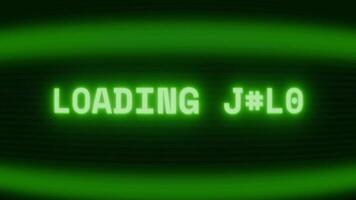Old green TV screen showing text LOADING FILE appearing in random glitch and coding style video