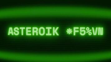 gammal grön crt skärm som visar text asteroid brytning visas i slumpmässig tekniskt fel och kodning stil video