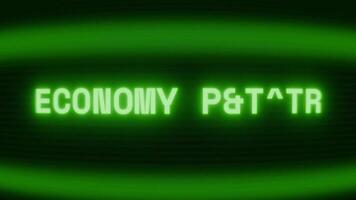 Old green CRT screen showing text ECONOMY UPDATE appearing in random glitch and coding style video