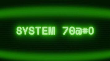 Old green CRT screen showing text SYSTEM ROUTE appearing in random glitch and coding style video
