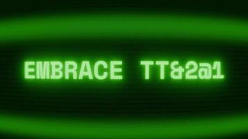 Old green CRT screen showing text EMBRACE CHANGE appearing in random glitch and coding style video