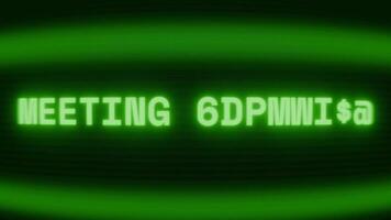 gammal grön crt skärm som visar text möte påminnelse visas i slumpmässig tekniskt fel och kodning stil video