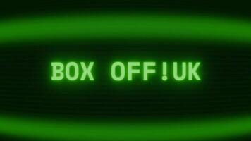 Old green CRT screen showing text BOX OFFICE appearing in random glitch and coding style video