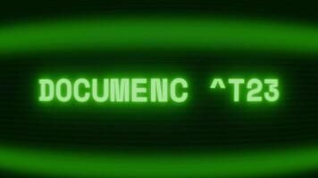 Old green CRT screen showing text DOCUMENT LOST appearing in random glitch and coding style video