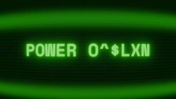 Old green CRT screen showing text POWER OUTAGE appearing in random glitch and coding style video