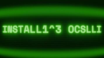 Old green CRT screen showing text INSTALLING UPDATE appearing in random glitch and coding style video