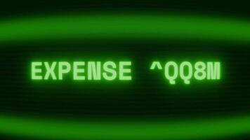 Old green CRT screen showing text EXPENSE TRACK appearing in random glitch and coding style video