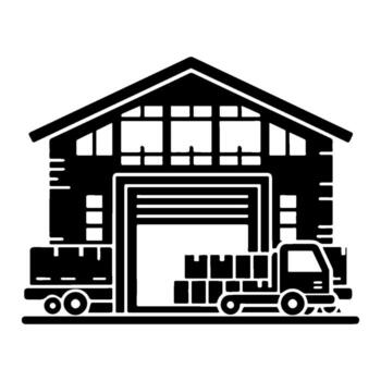 Warehouse with trucks loading and unloading goods. vector