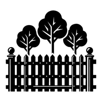 Black silhouette of a fence with trees in the background. vector