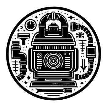 intrincado industrial máquina ilustración dentro un circular marco diseño. vector