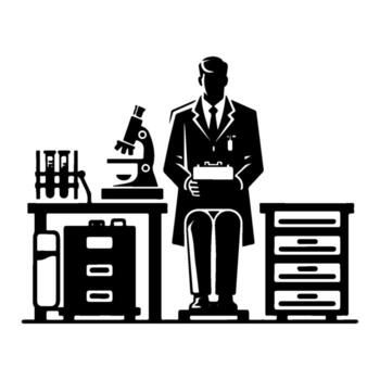 Scientist in Lab Coat Standing in Laboratory with Equipment. vector