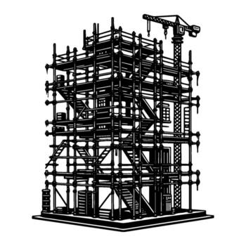 Construction site with scaffolding and crane building in progress. vector