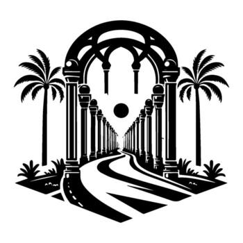 Architectural pathway leading towards the sun between palm trees. vector