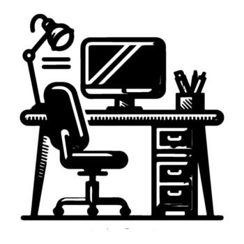 Workspace setup with computer desk chair and lamp. vector