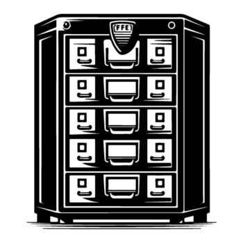 Black and White Filing Cabinet with Multiple Drawers. vector