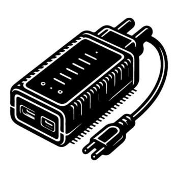 Black and white image of a power adapter with cable and plug. vector