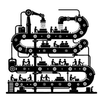 Industrial factory production line with workers and automation. vector