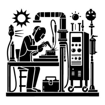 Welder working with equipment in a workshop environment. vector