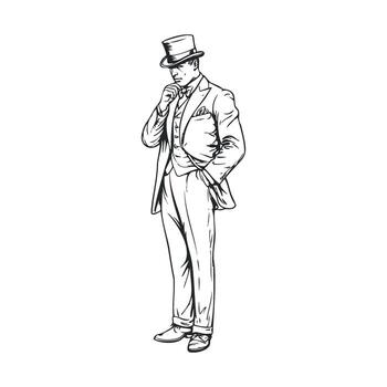 Dapper gentleman in formal wear and top hat, deep in thought vector