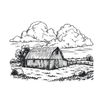 Rustic barn surrounded by rolling hills and clouds vector
