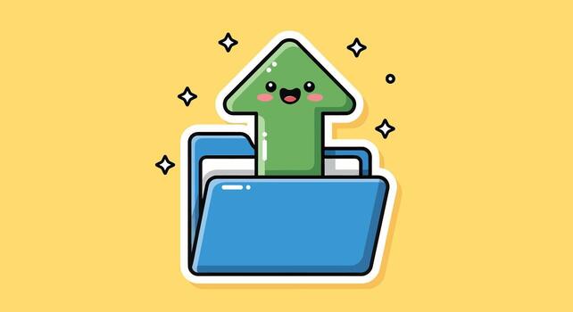 Cute Upload Icon with Smiling Arrow and Folder, Cartoon Illustration vector